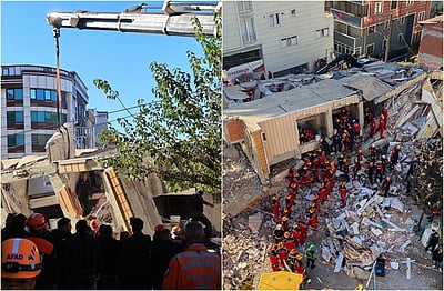 துருக்கியில் திடீரென இடிந்து விழுந்த 7 மாடி கட்டடம்! 2 குழந்தைகள் பலி; பெற்றோரைத் தேடும் பணிகள் தீவிரம்! 