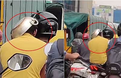 ஹெல்மெட்டுக்கு பதிலாக தலையில் கடாய்! போக்குவரத்து விதிகளை மீறாத இளைஞர்!