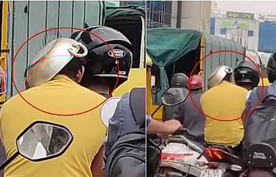 ஹெல்மெட்டுக்கு பதிலாக தலையில் கடாய்! போக்குவரத்து விதிகளை மீறாத இளைஞர்!