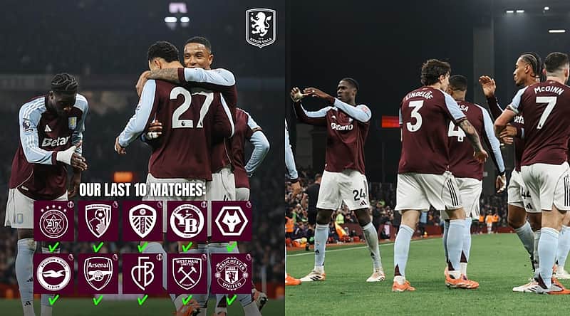 The Aston Villa team in a state of jubilation after their victory.