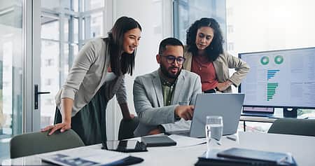 <P>Teamwork, meeting and ideas for solution or decision for business, workplace or company. Group, people and discussion with technology in planning,