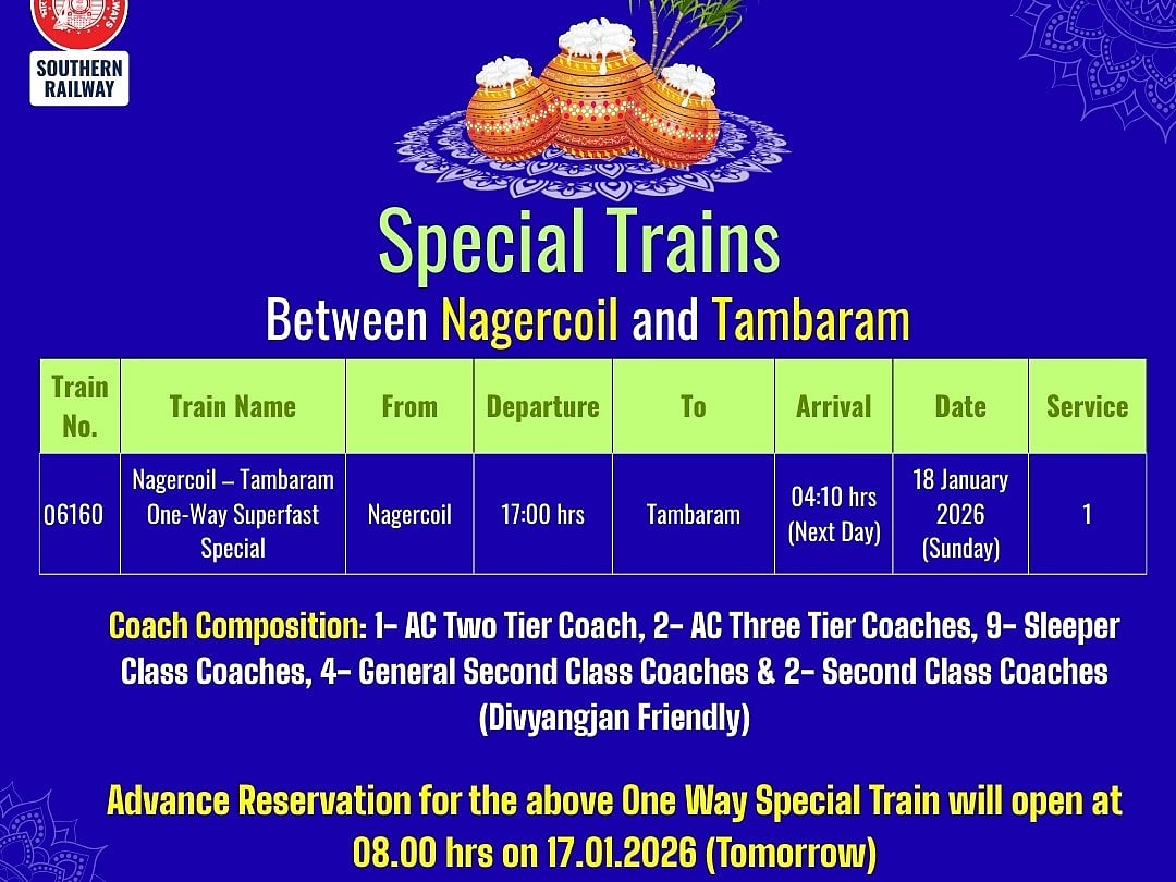 நாகர்கோயில் - தாம்பரம் இடையே சிறப்பு ரயில்! நாளை முன்பதிவு