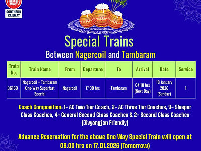 நாகர்கோயில் - தாம்பரம் இடையே சிறப்பு ரயில்! நாளை முன்பதிவு