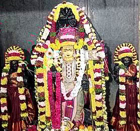 பக்தா்களுக்கு அருள்பாலித்த வள்ளி, தெய்வானை சமேத சுப்பிரமணியா்.