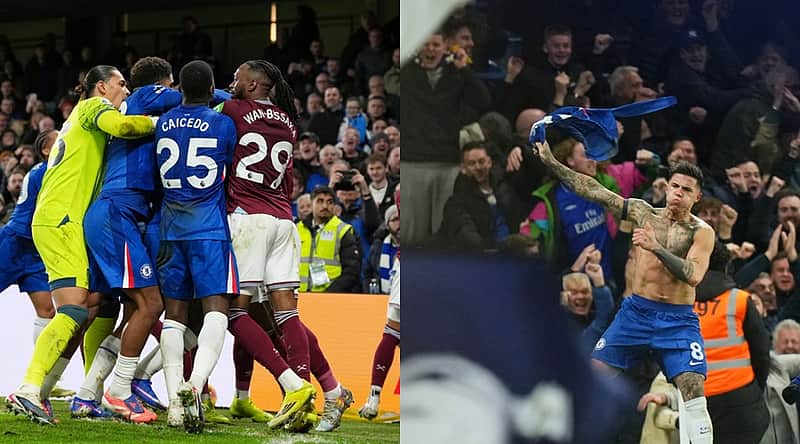 Chelsea's Enzo Fernandez celebrates, with teammate Marc Cucurella at right, after scoring his side's third goal during the English Premier League soccer match between Chelsea and West Ham United.