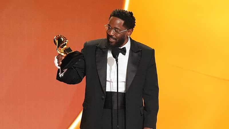 Kendrick Lamar accepts the award for best rap album for "GNX" during the 68th annual Grammy Awards on Sunday,