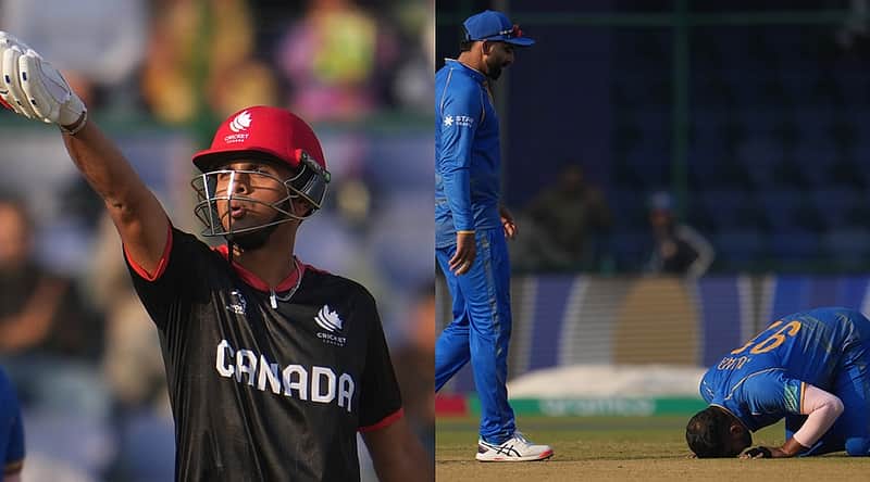 United Arab Emirates' Junaid Siddique, on ground, celebrates the wicket of Canada's Saad Bin Zafar during the T20 World Cup cricket match between Canada and United Arab Emirates in New Delhi, India, Friday, Feb. 13, 2026. (AP Photo/Manish Swarup)