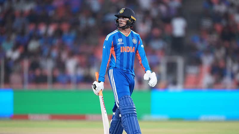 India's Abhishek Sharma reacts as he leaves the ground after losing his wicket to Netherlands' Aryan Dutt during the T20 World Cup cricket match between India and Netherlands in Ahmedabad, India, Wednesday, Feb. 18, 2026. (AP Photo/Ajit Solanki)