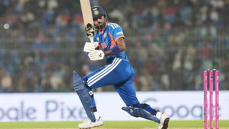 India's Hardik Pandya plays a shot during the T20 World Cup cricket match between India and Zimbabwe in Chennai, India, Thursday, Feb. 26, 2026. (AP Photo/Mahesh Kumar A.)