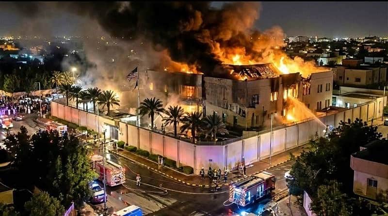 A video going viral on social media shows black smoke rising from what is claimed to be the US embassy in Riyadh after an Iranian strike. The authenticity of the video has not been verified.