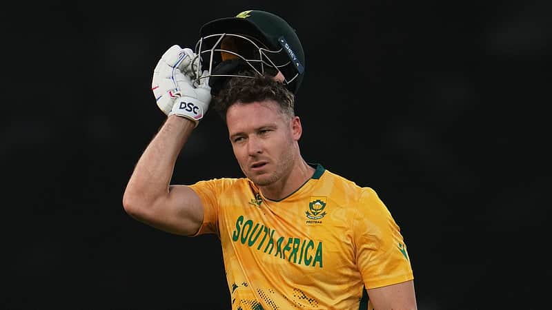 South Africa's David Miller leaves the ground after losing his wicket during the T20 World Cup cricket match between South Africa and Zimbabwe in New Delhi, India, Sunday, March 1, 2026. (AP Photo/Manish Swarup)