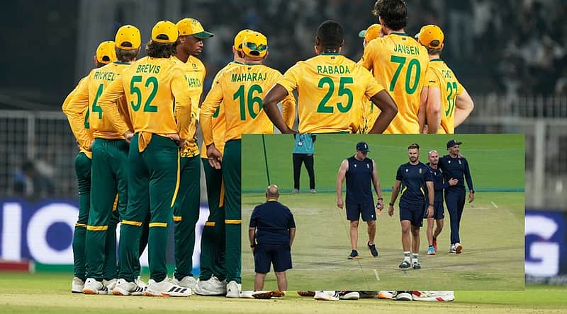 South Africa's players wait for the third umpire's decision for the wicket of New Zealand's Tim Seifert during the first T20 World Cup cricket semifinal match between New Zealand and South Africa in Kolkata, India, Wednesday, March 4, 2026. (AP Photo/Bikas Das)