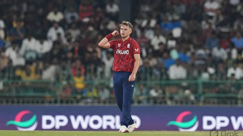 England's Sam Curran looks on during the T20 World Cup cricket match between England and New Zealand in Colombo, Sri Lanka, Friday, Feb. 27, 2026. (AP Photo/Eranga Jayawardena)