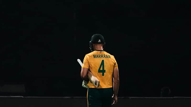 South Africa's captain Aiden Markram leaves the ground after losing his wicket during the first T20 World Cup cricket semifinal match between New Zealand and South Africa in Kolkata, India, Wednesday, March 4, 2026. (AP Photo/Anupam Nath)