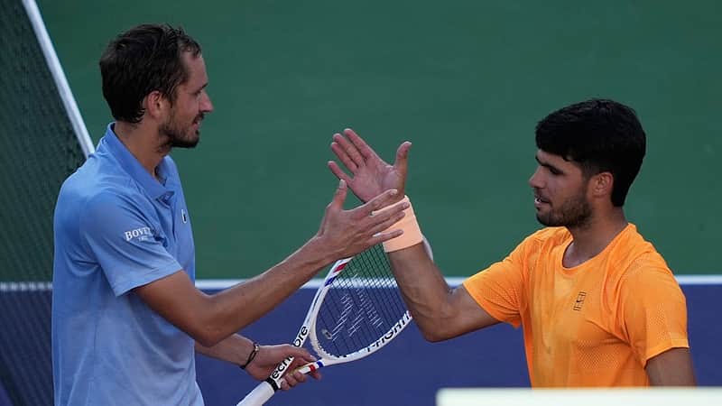 Daniil Medvedev, of Russia, left, is congratulated by Carlos Alcaraz, of Spain, after Medvedev defeated Alcaraz during a semifinal match at the BNP Paribas Open tennis tournament, Saturday, March 14, 2026, in Indian Wells, Calif. (AP Photo/Mark J. Terrill)