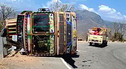 பா்கூா் மலைப் பாதையில் கவிழ்ந்த சரக்கு லாரி