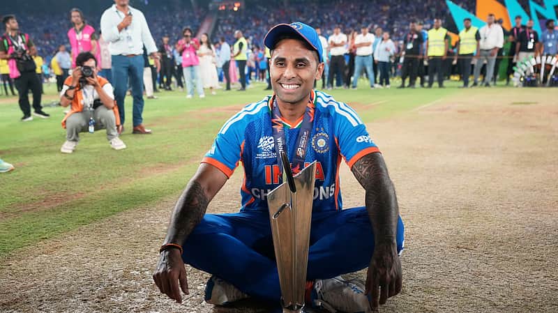 India's captain Suryakumar Yadav poses with the trophy after India won the T20 World Cup final match against New Zealand in Ahmedabad, India, Sunday, March 8, 2026. (AP Photo/Ajit Solanki)