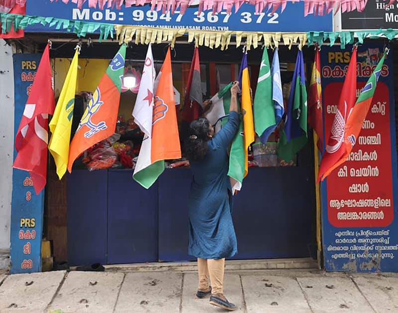 23/03/2026 Thiruvananthapuram: City express stand alone photo: Poll campaign momentum has surged across Kerala. Shops dealing in election materials ar