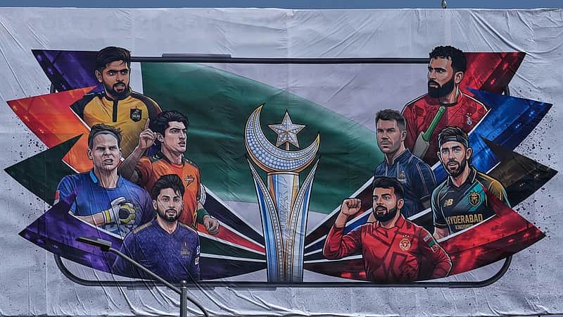 A billboard of Pakistan's premier domestic T20 the Pakistan Super League, which will take place in empty stadiums due to the recent spike in oil prices, is displayed at a road in Rawalpindi, Pakistan, Tuesday, March 24, 2026. (AP Photo/Anjum Naveed)