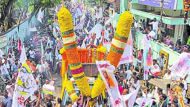 Congress candidate from Muthialpet constituency, Malladi Krishna Rao, during a rally for Puducherry Assembly elections. (Photo: PTI)