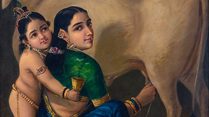 In this image received on April 2, 2026, an oil painting titled 'Yashoda and Krishna' by Raja Ravi Varma, which fetched Rs 167.20 crore at Saffronart's Spring Live Auction, in Mumbai.