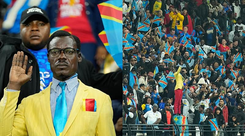 FILE - Michel Nkuka Mboladinga, a DR Congo fan impersonating late Congolese leader Patrice Lumumba, strikes a pose during the Africa Cup of Nations group D soccer match between Botswana and DR Congo in Rabat, Morocco, Tuesday, Dec. 30, 2025. (AP Photo/Mosa'ab Elshamy, File)