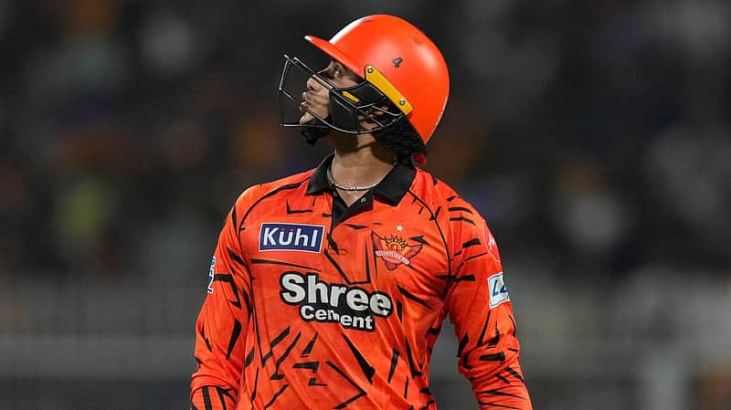 Sunrisers Hyderabad's Abhishek Sharma leaves the ground after losing his wicket during the Indian Premier League cricket match between Kolkata Knight Riders and Sunrisers Hyderabad in Kolkata, India, Thursday, April. 2, 2026. (AP Photo/ Bikas Das)