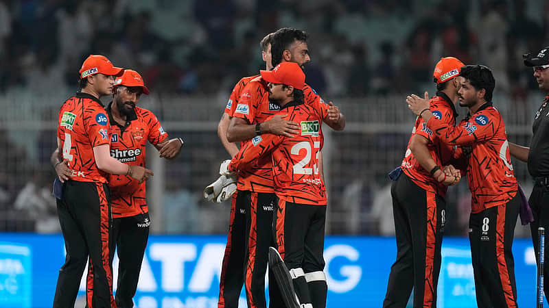 Sunrisers Hyderabad's players celebrates after winning the Indian Premier League match aganist Kolkata Knight Riders in Kolkata, India, on Thursday, April 2, 2026.(AP Photo/ Bikas Das)