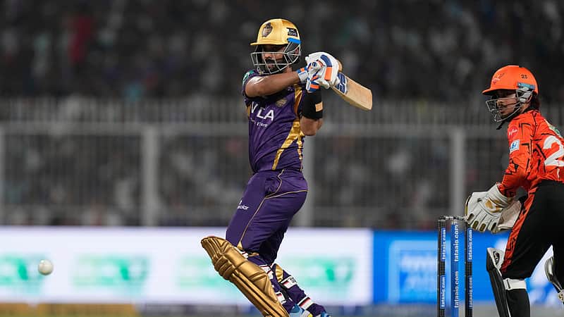 Kolkata Knight Riders' captain Ajinkya Rahane plays a shot during the Indian Premier League cricket match between Kolkata Knight Riders and Sunrisers Hyderabad in Kolkata, India, Thursday, April. 2, 2026. (AP Photo/ Bikas Das)