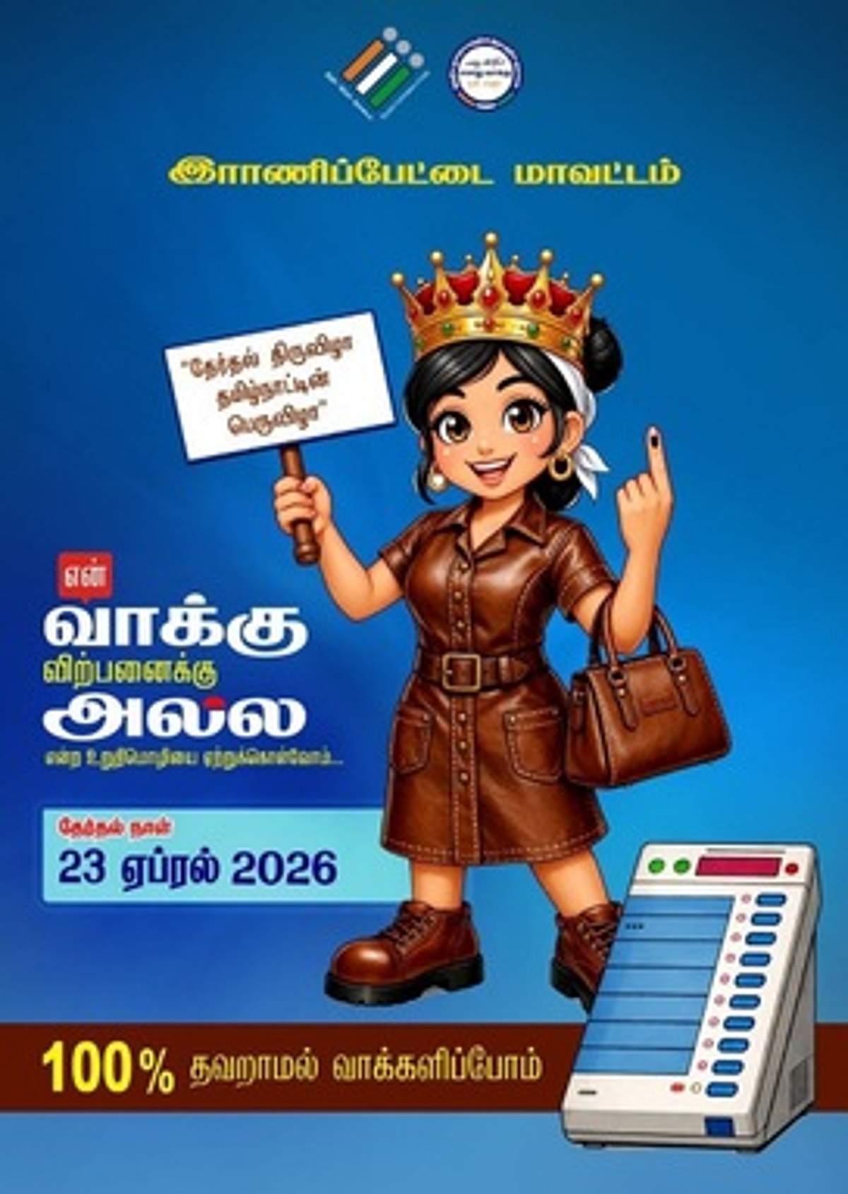 தோல் பொருள் ஏற்றுமதியை மையப்படுத்தி ‘ராணிப்பேட்டை ராணி’ தோ்தல் இலச்சினை!