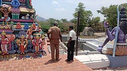 துறையூா் சிவன் கோயில் முகப்பில் 15 சுதை சுவாமி சிலைகள் உடைப்பு