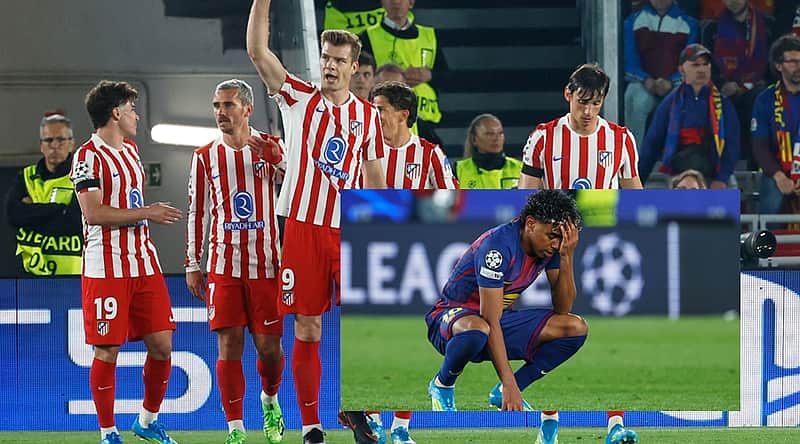 Atlético Madrid celebrates scoring a goal. (Inset: Lamine Yamal in despair.)