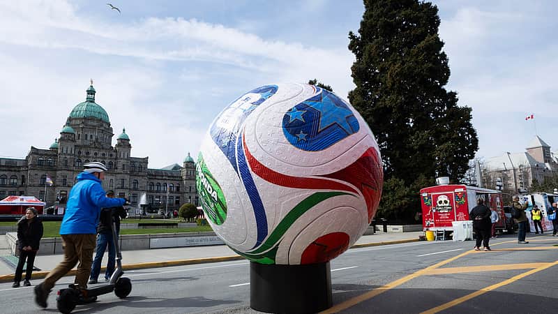 Soccer fans gathered on the grounds of the legislature to take part in the FIFA World Cup 2026 countdown celebration event in Victoria, B.C., on Tuesday, March 31, 2026. (Chad Hipolito/The Canadian Press via AP)