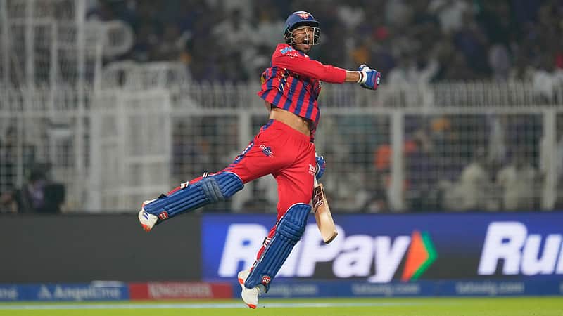 Lucknow Super Giants' Mukul Choudhary celebrates the win over Kolkata Knight Riders in the Indian Premier League cricket match between Kolkata Knight Riders and Lucknow Super Giants in Kolkata, India, Thursday, April 9, 2026. (AP Photo/Bikas Das)