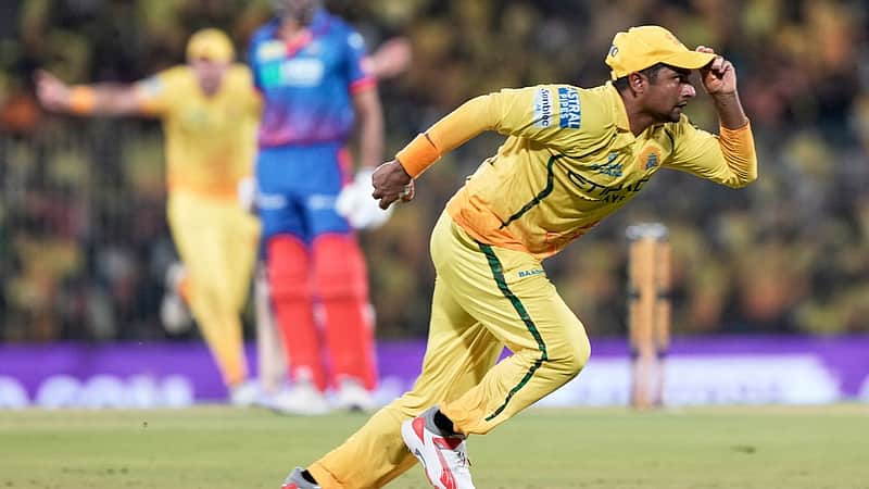 Chennai Super Kings' Sarfaraz Khan celebrates the wicket of Delhi Capitals' captain Axar Patel during the Indian Premier League cricket match between Chennai Super Kings and Delhi Capitals in Chennai, India, Saturday, April 11, 2026. (AP Photo/Mahesh Kumar A.)