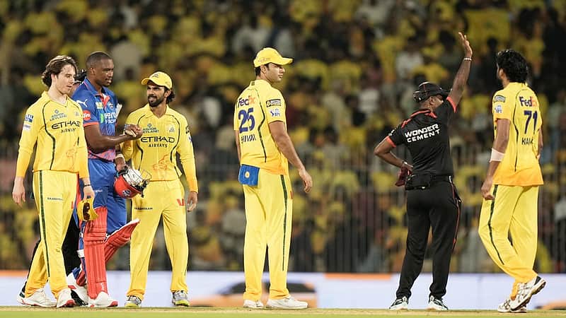 Chennai Super Kings' captain Ruturaj Gaikwad, centre, celebrates after winning the Indian Premier League cricket match between Chennai Super Kings and Delhi Capitals in Chennai, India, Saturday, April 11, 2026. (AP Photo/Mahesh Kumar A.)