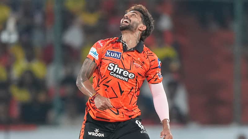 Sunrisers Hyderabad's Nitish Kumar Reddy reacts after bowls a delivery during the Indian Premier League cricket match between Sunrisers Hyderabad and Chennai Super Kings in Hyderabad, India, Saturday, April 18, 2026. (AP Photo/Mahesh Kumar A.)