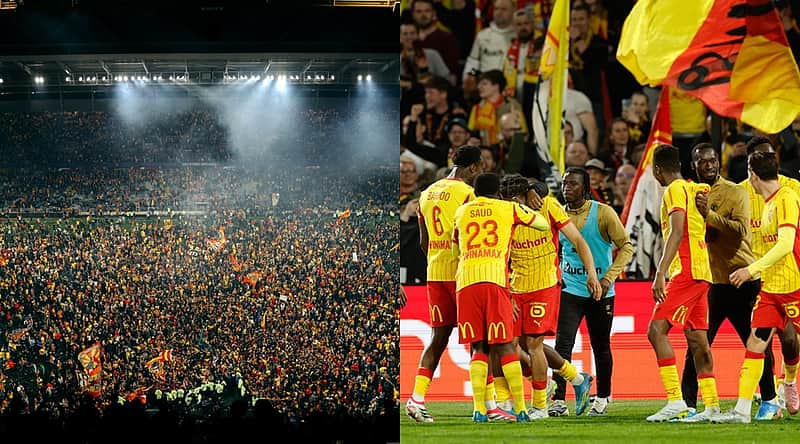 RC Lens players and fans, jubilant in victory.