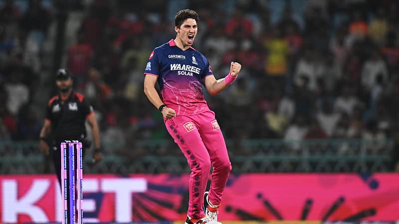 Rajasthan Royals' Nandre Burger celebrates the wicket of Lucknow Super Giants' Mitchell Marsh during the Indian Premier League cricket match between Lucknow Super Giants and Rajasthan Royals in Lucknow, India, Wednesday, April 22, 2026. (AP Photo)