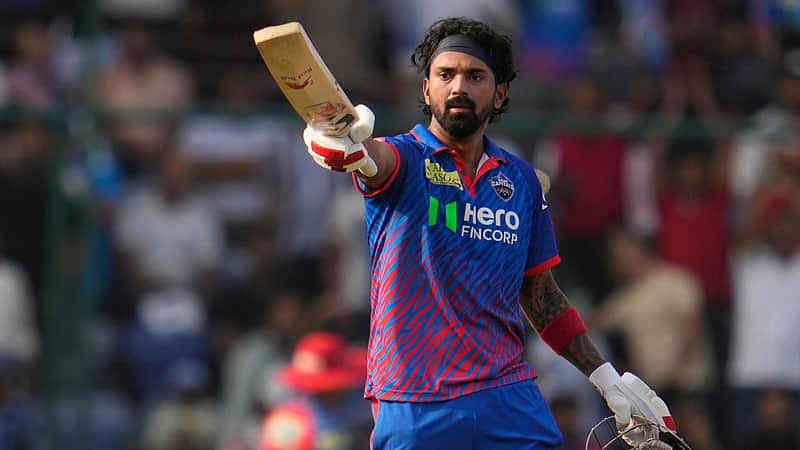 Delhi Capitals' KL Rahul celebrates his century during the Indian Premier League cricket match between Delhi Capitals and Punjab Kings in New Delhi, India, Saturday, April 25, 2026. (AP Photo/Manish Swarup)