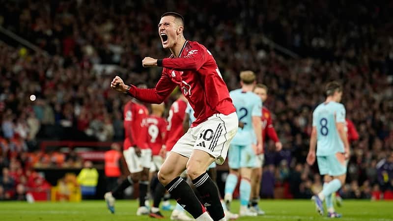 Manchester United's Benjamin Sesko celebrates after scoring during the Premier League soccer match between Manchester United and Brentford in Manchester, England, Monday, April 27, 2026. (AP Photo/Dave Thompson)