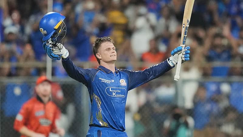 Ryan Rickelton expresses his joy after smashing a century.