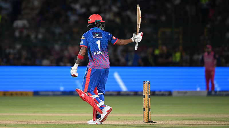 Delhi Capitals' KL Rahul celebrates his fifty runs during the Indian Premier League cricket match between Delhi Capitals and Rajasthan Royals in Jaipur, India, Friday,May, 1, 2026. (AP Photo)