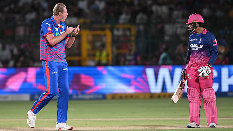 Delhi Capitals' Kyle Jamieson celebrates the wicket of Rajasthan Royals' Vaibhav Sooryavanshi, right, during the Indian Premier League cricket match between Delhi Capitals and Rajasthan Royals in Jaipur, India, Friday, May, 1, 2026. (AP Photo)