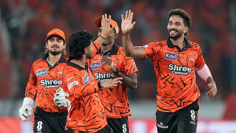 Sunrisers Hyderabad's Nitish Kumar Reddy celebrates the wicket of Punjab Kings' Prabhsimran Singh with teammates during the Indian Premier League cricket match between Sunrisers Hyderabad and Punjab Kings in Hyderabad, India, Wednesday, May 6, 2026. (AP Photo/Mahesh Kumar A.)