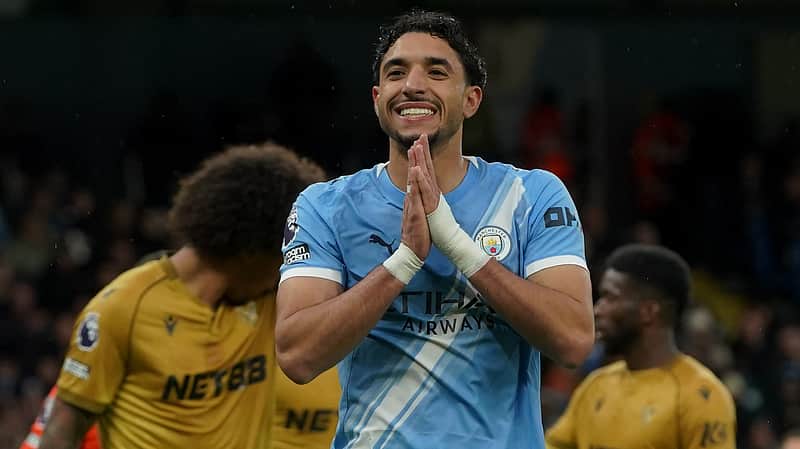 Manchester City's Omar Marmoush reacts during the English Premier League soccer match between Manchester City and Crystal Palace in Manchester, England, Wednesday, May 13, 2026. (AP Photo/Ian Hodgson)