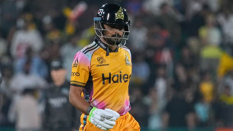 Peshawar Zalmi's Babar Azam walks off the field after his dismissal during the Pakistan Super League final cricket match between Peshawar Zalmi and Hyderabad Kingsmen, in Lahore, Pakistan, Sunday, May 3, 2026. (AP Photo/K.M. Chaudary)
