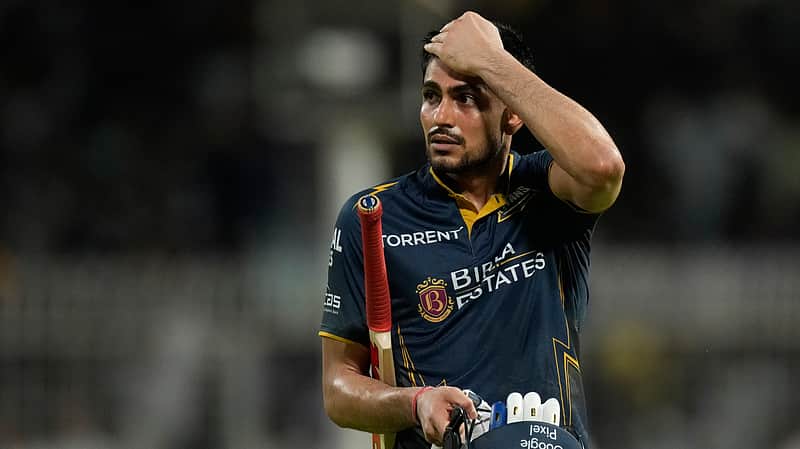 Gujarat Titans' captain Shubman Gill reacts while leaves the ground after losing his wicket during the Indian Premier League cricket match between Gujarat Titans and Kolkata Knight Riders, in Kolkata , India, Saturday, May 16, 2026. (AP Photo/Bikas Das)