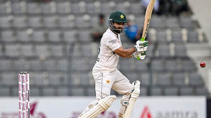 Pakistan's Mohammad Rizwan plays a shot during the fourth day of the second Test cricket match between Bangladesh and Pakistan at the Sylhet International Cricket Stadium in Sylhet on May 19, 2026. (Photo by Munir UZ ZAMAN / AFP)