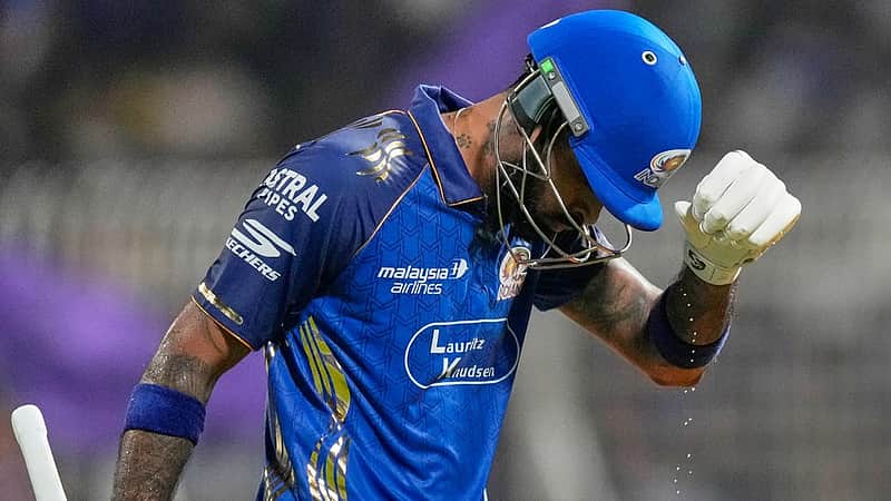 Mumbai Indians' captain Hardik Pandya leaves the ground after losing his wicket during the Indian Premier League cricket match between Kolkata Knight Riders and Mumbai Indians, in Kolkata , India, Wednesday, May 20, 2026. (AP Photo/Bikas Das)